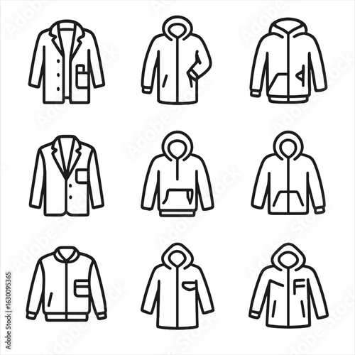 Outerwear Icon Set. Outline icon set of outerwear hidden pockets: trench coat lining pocket, parka stash, fleece underarm zip,