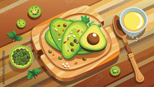 Avocado slices and kiwi fruit on a wooden board with a bowl of sauce and spoon on a wooden table top