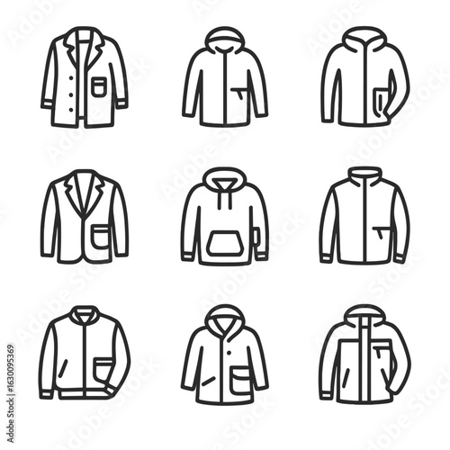 Outerwear Icon Set. Outline icon set of outerwear hidden pockets: trench coat lining pocket, parka stash, fleece underarm zip,