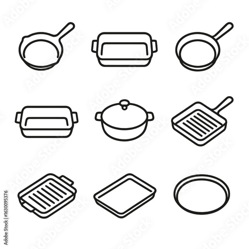 Oven-Safe Pans Icons. Outline icon set of oven-safe pans: cast iron pan, baking dish, enameled skillet, roasting pan, casserole