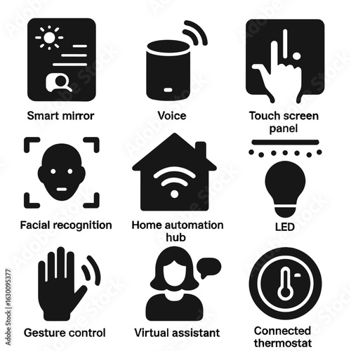Smart Home Tech Icons. Solid, filled icons set of Smart mirrors and interactive home tech: smart mirror, voice