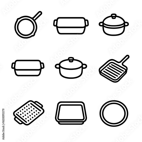 Oven-Safe Pans Icons. Outline icon set of oven-safe pans: cast iron pan, baking dish, enameled skillet, roasting pan, casserole