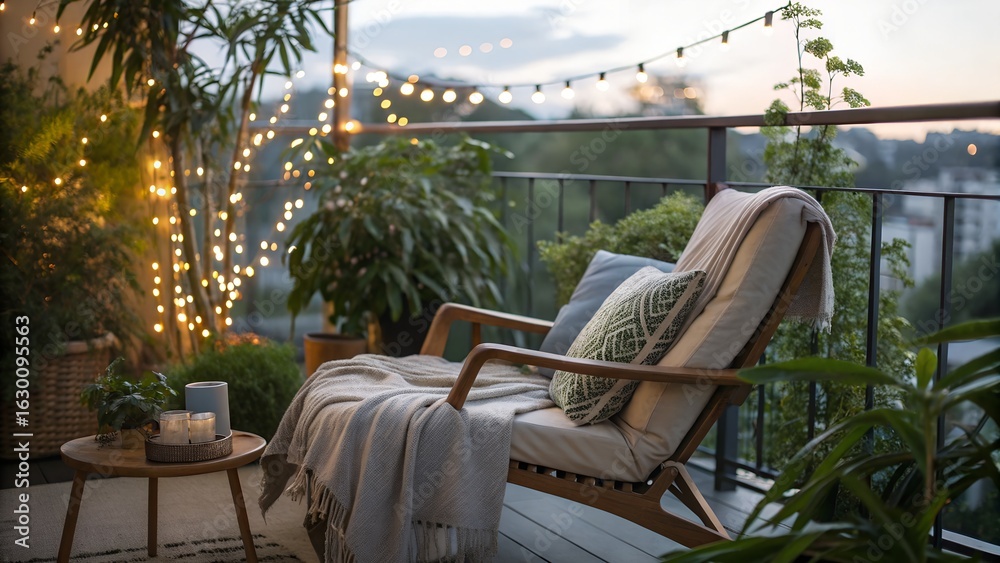 Fototapeta premium String lights twinkle. bokeh glows. a comfy chair on a summer