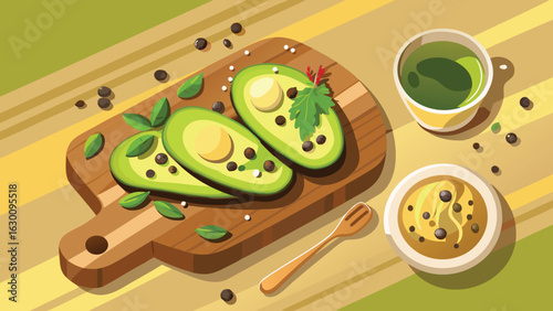 Still life of avocado halves on a wooden board with spices and sauces on a striped table top