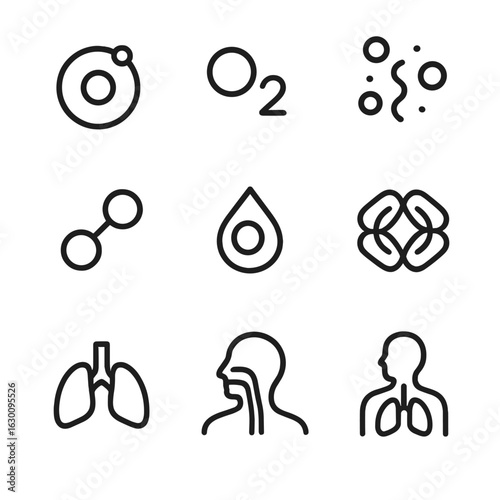Oxygen Molecule Icons. Outline icon set of oxygen molecules and elements: oxygen atom, O2 molecule, chemical formula, air
