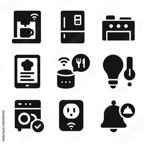 Smart Kitchen Icons. Solid, filled icons set of smart kitchen routines: coffee machine start, smart fridge