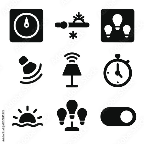 Smart Lighting Icons. Solid, filled icons set of smart lighting control: dimmer icon, color temperature slider