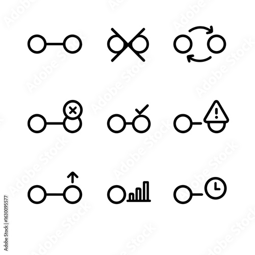 P2P Network Icons. Outline icon set of P2P network status: connected, disconnected, syncing, offline, online, error, update