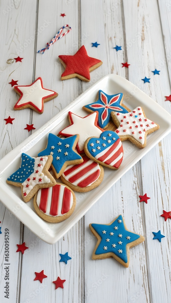 Obraz premium Patriotic cookies for July 4 on a wooden background in a white plate with scattered stars