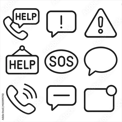 Panic Icon Set. Outline icon set of panic-related communication: call for help, emergency message, alert icon, help sign, SOS,
