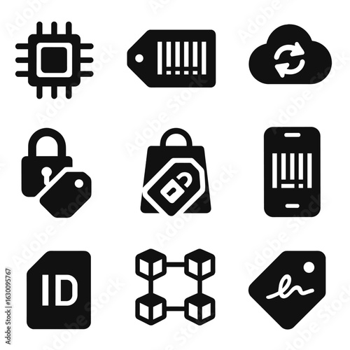 Smart Product Icon Set. Solid, filled icons set of Smart product passports: product chip, digital barcode,