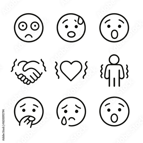 Panic Emotion Icons. Outline icon set of panic emotions: wide eyes, sweating forehead, open mouth, shaking hands, rapid heartbeat,