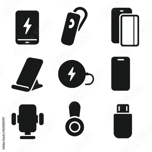 Smartphone Accessories Icons. Solid, filled icons set of smartphone accessories: power bank, Bluetooth headset