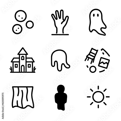 Paranormal Outline Icons. Outline icon set of paranormal unseen: spirit orb, phantom hand, ghost trail, haunted house, ectoplasm,