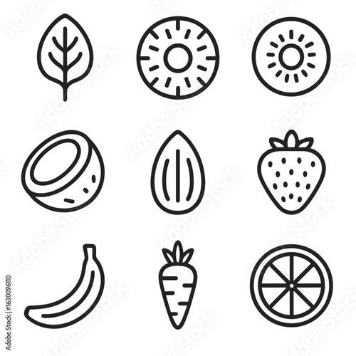 Smoothie Ingredient Icons. Outline icon set of smoothie ingredients: spinach leaf, pineapple slice, kiwi,
