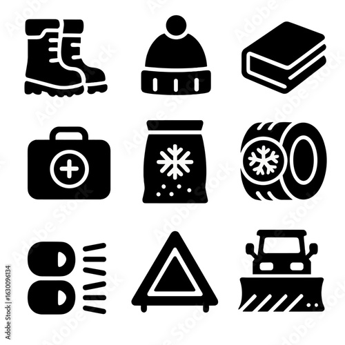 Snow Driving Essentials. Solid, filled icons set of snowy weather driving essentials: snow boots, warm hat,