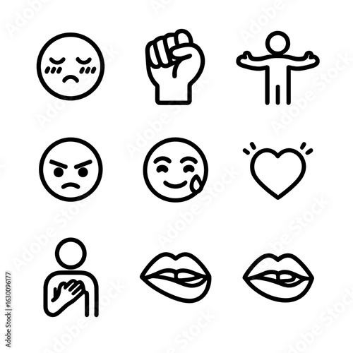 Passion Icon Set. Outline icon set of passion in emotions and body language: blushing face, clenched fist, open arms, intense gaze