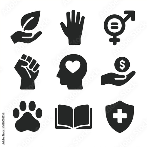 Social Cause Icons. Solid, filled icons set of social causes and issues: environmental protection, human
