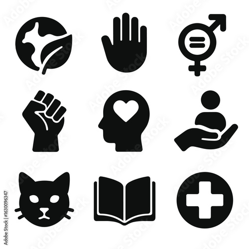 Social Cause Icons. Solid, filled icons set of social causes and issues: environmental protection, human