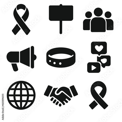 Social Awareness Icons. Solid, filled icons set of social awareness campaigns: ribbon symbol, protest sign,