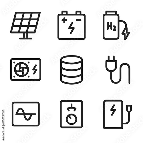 Payload Power Icons. Outline icon set of payload power systems: solar panel, battery pack, fuel cell, power converter, energy