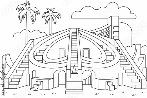 A line drawing illustration of Jantar Mantar, New Delhi India, A historical Place.