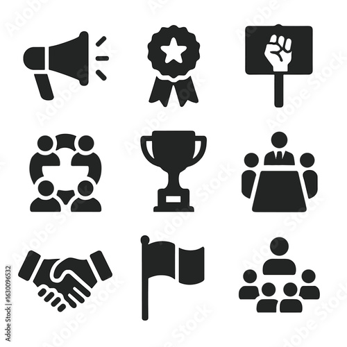 Social Leadership Icons. Solid, filled icons set of social influence and leadership: megaphone, leadership