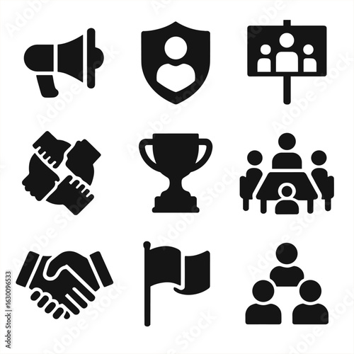 Social Leadership Icons. Solid, filled icons set of social influence and leadership: megaphone, leadership