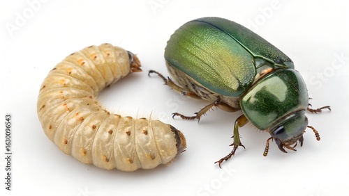 Green June beetle grub and adult form insect isolated on white background for scientific visuals