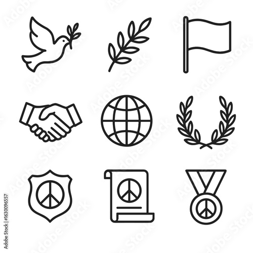 Peace Icon Set. Outline icon set of peacekeeping symbols: peace dove, olive branch, white flag, handshake, globe, laurel wreath,