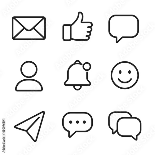 Social Media Icons. Outline icon set of social media messaging: direct message, like button, comment bubble,
