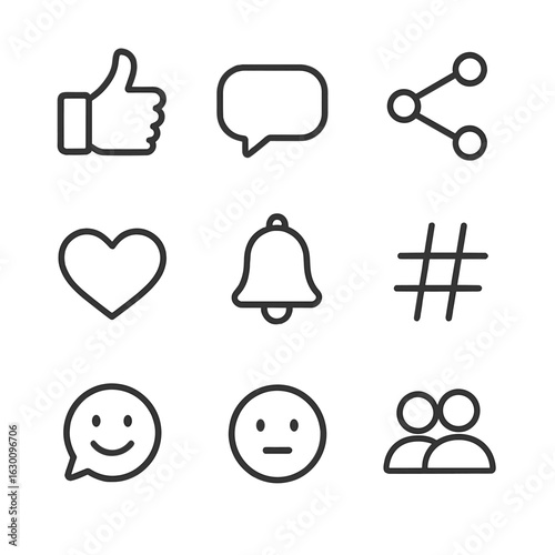 Social Media Icon Grid. Outline icon set of social media feedback: like button, comment bubble, share icon,