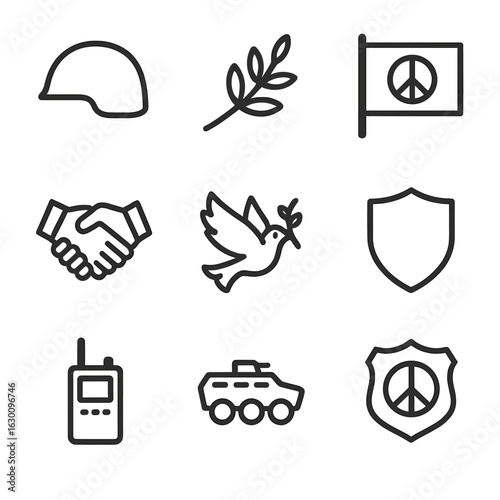 Peacekeeping Icons Set. Outline icon set of peacekeeping forces: peacekeeper helmet, olive branch, handshake, peace flag, dove,
