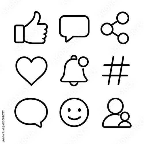 Social Media Icon Grid. Outline icon set of social media feedback: like button, comment bubble, share icon,