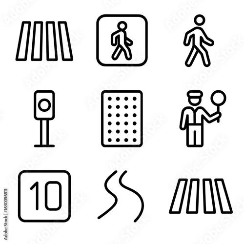 Pedestrian Crosswalk Icons. Outline icon set of pedestrian crossroads: crosswalk stripes, pedestrian signal, walking man icon,