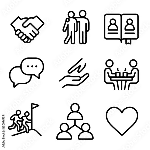 Peer Support Icons. Outline icon set of peer support: handshake, side-by-side walk, shared notebook, chat icon, encouragement hand