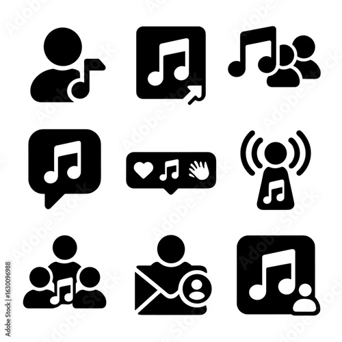 Social Music Icons Grid. Solid, filled icons set of social music features: friend activity, share to stories,