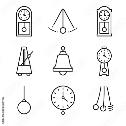 Pendulum Icon Collection. Outline icon set of pendulum: classic pendulum clock, swinging pendulum, grandfather clock, metronome,