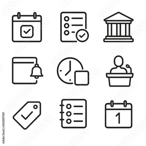 Event Planning Icons. Outline icon set of event planning: calendar event, guest list, venue booking, reminder note, time slot,