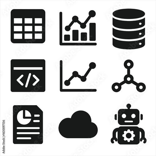 Software Icon Set. Solid, filled icons set of software and platforms: spreadsheet app icon, data analytics