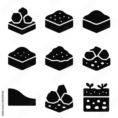 Soil Icons Grid. Solid, filled icons set of soil and sediment types: clay soil, sandy soil, loam, silt, peat,