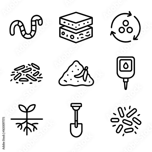 Soil Health Icons. Outline icon set of soil health management: earthworm, soil layers, nutrient cycle, mulch,