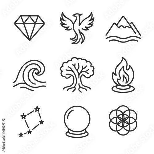 Everlasting Icon Set. Outline icon set of everlasting elements: diamond, phoenix, mountain, ocean wave, ancient tree, eternal