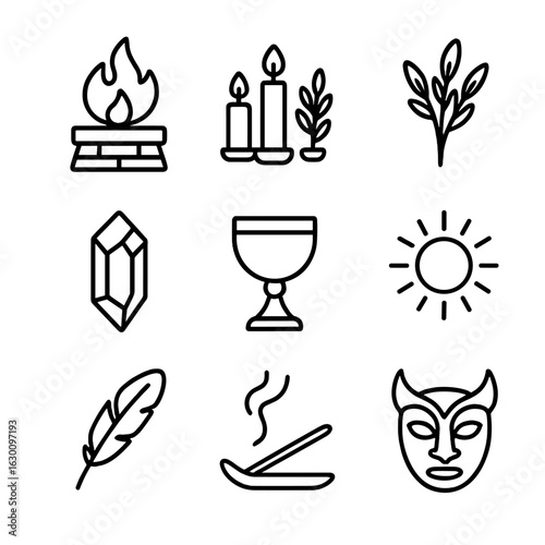 Solstice Ritual Icons. Outline icon set of solstice rituals: fire altar, candles, herbs, crystal, chalice, sun