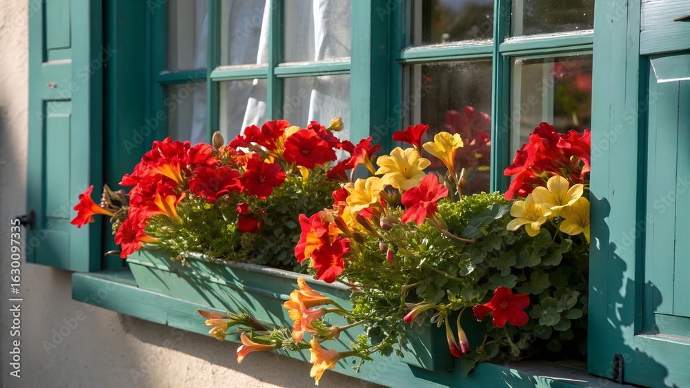 Fototapeta premium Red and yellow flowers bloom vibrantly against a teal green window pane bathed in soft sunlight