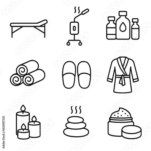 Spa Icon Collection. Outline icon set of spa and beauty salon: massage table, facial steamer, essential oils,