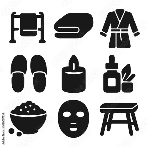 Spa Essentials Icons. Solid, filled icons set of spa essentials: towel rack, plush towel, bathrobe, slippers,