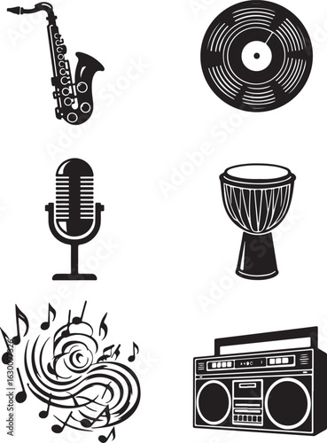 Vintage music icons: saxophone, record, mic, drum, boombox, notes