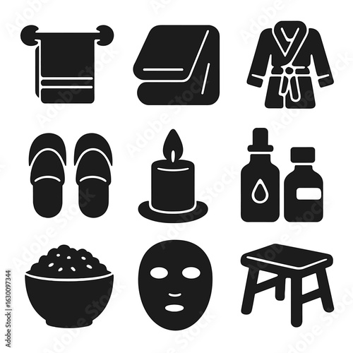 Spa Essentials Icons. Solid, filled icons set of spa essentials: towel rack, plush towel, bathrobe, slippers,