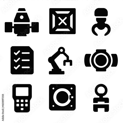 Space Cargo Icons. Solid, filled icons set of cargo spacecraft docking: cargo capsule, supply crate, grappling